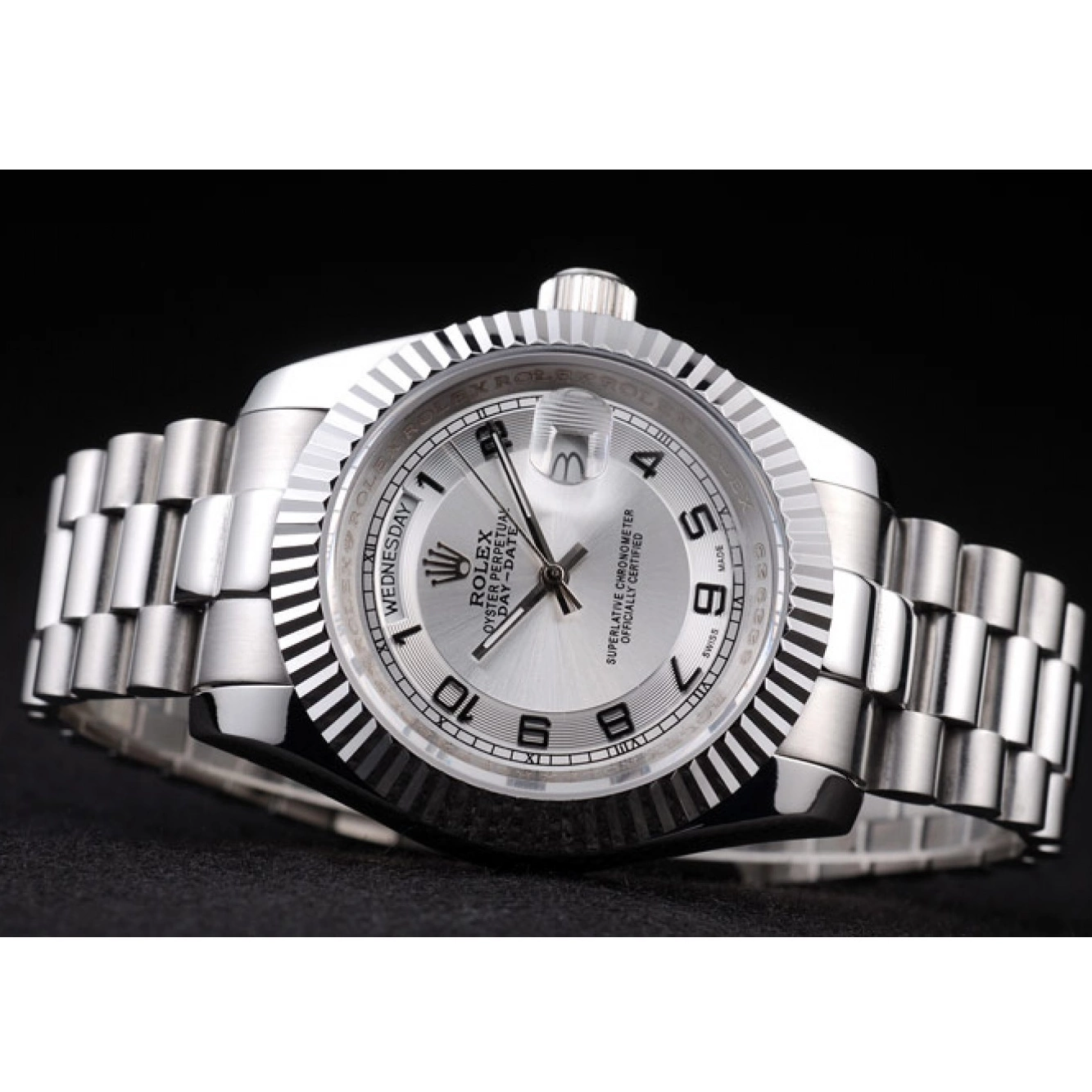 Good Copy Rolex Watches White Stainless Dial Rolex Polished Steel Day-Date 0801